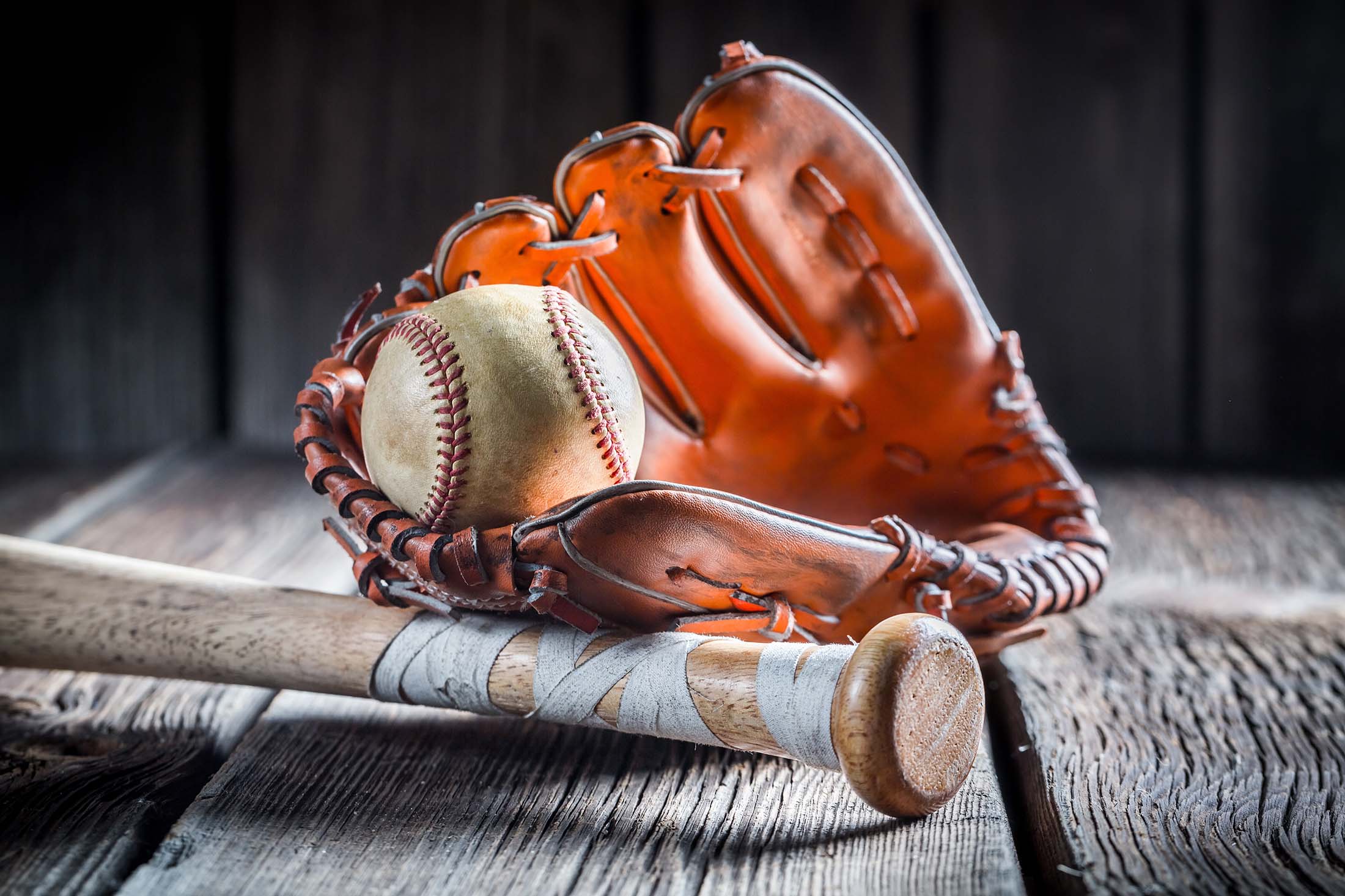 Baseball, glove, and bat